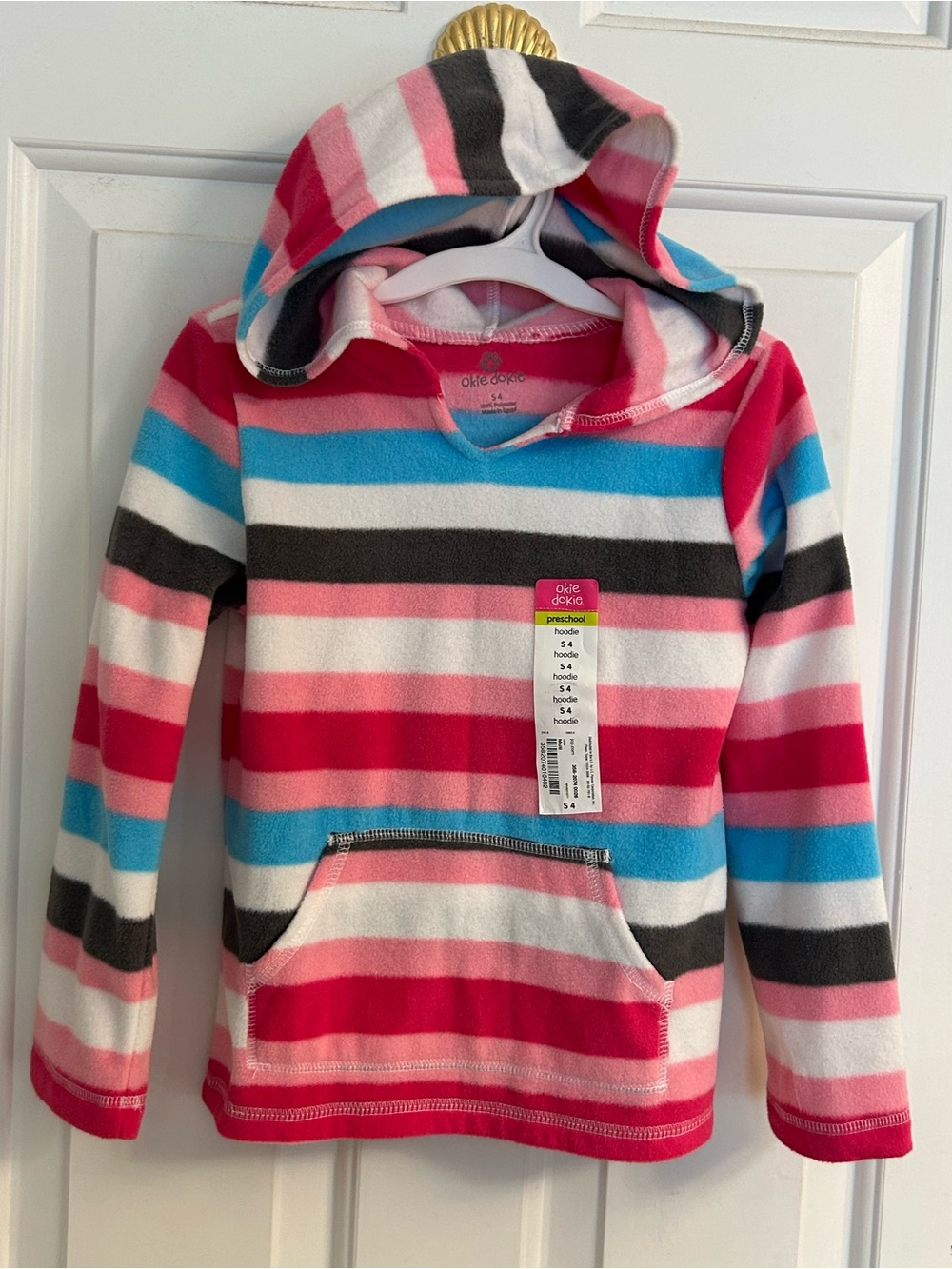 NWT-Girls Okie Dokie Striped Fleece Hooded Pullover - Pink, Blue, White
